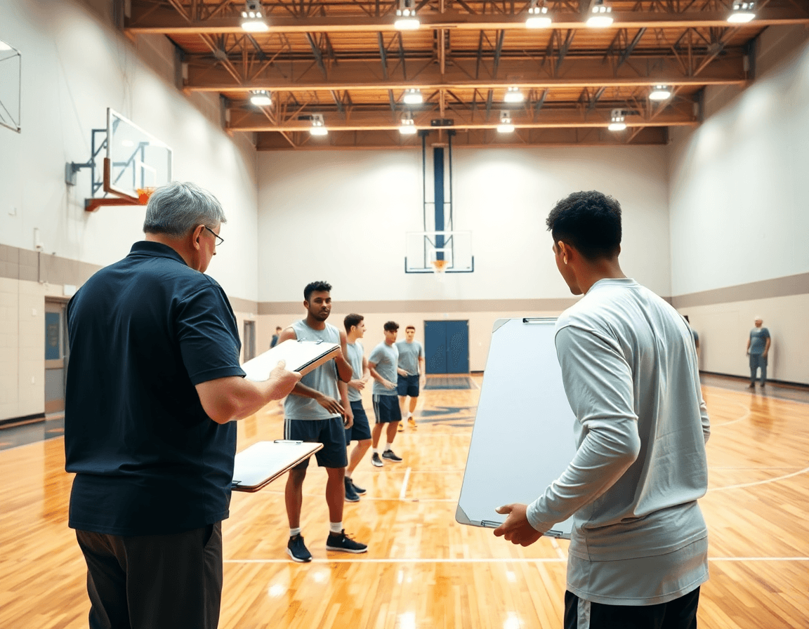 Wide-angle view of a coach guiding set plays in basketball during team practice.