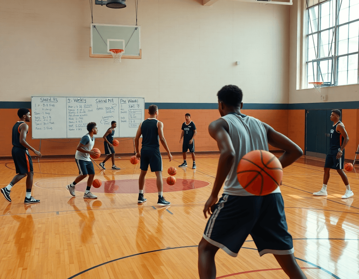 Shell drill basketball weekly plan comes to life on a whiteboard in a gym.