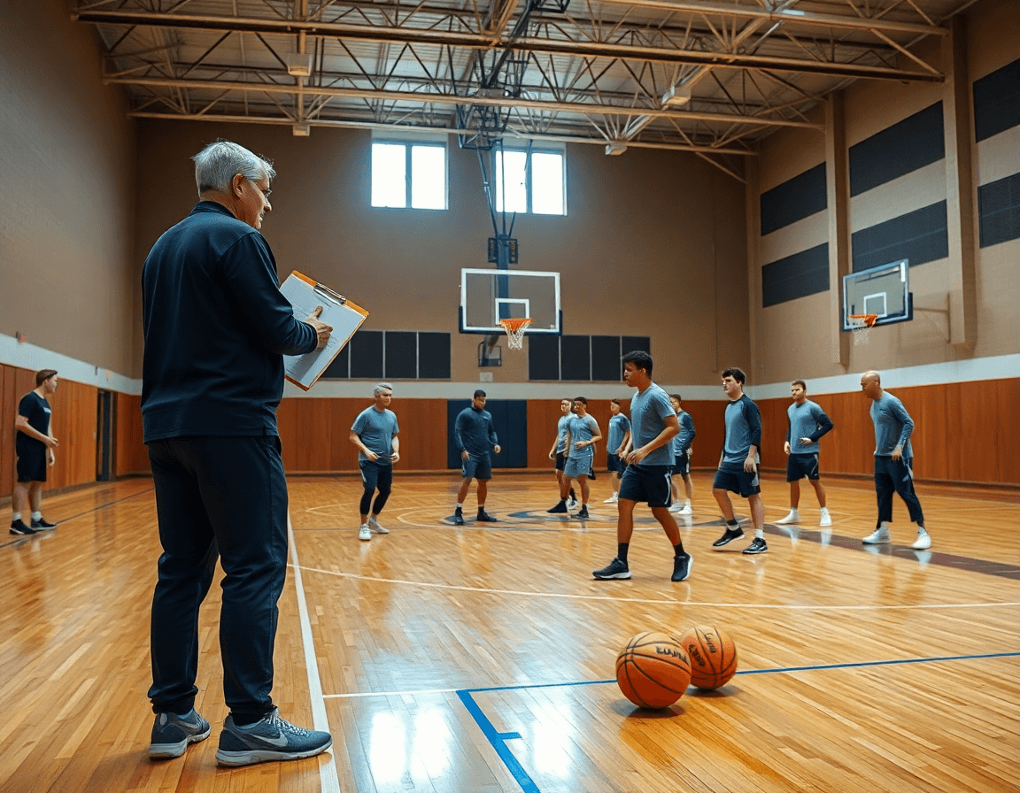 Shell drill basketball scene shows a coach guiding players in a wide indoor gym.