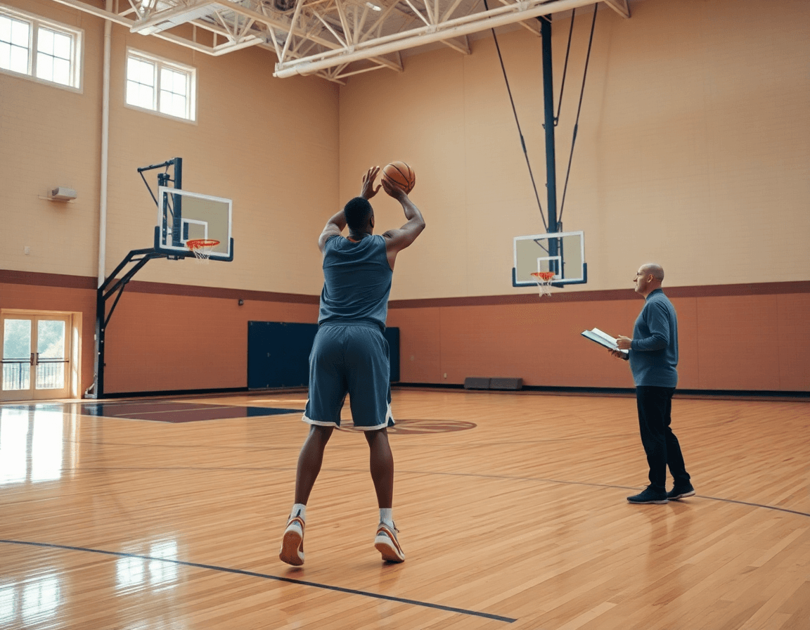 Inside a bright basketball gym, a single shooter practices shooting drills basketball by yourself as a coach watches.