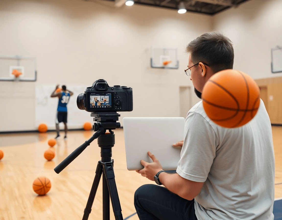Inside a basketball gym, a shooter records shooting drills basketball by yourself from the sideline with a timer.