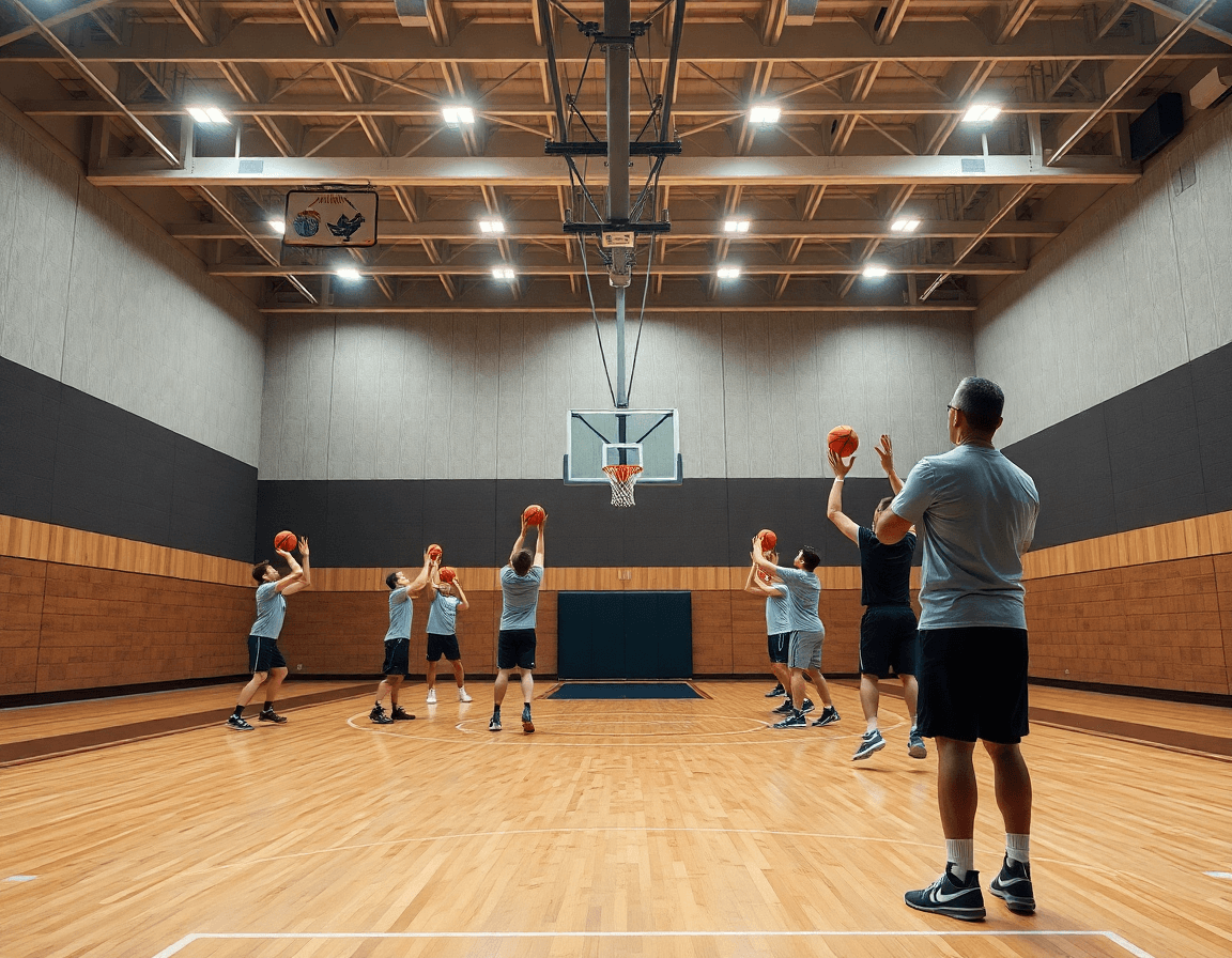 Wide view of a basketball team practicing; shooting drills basketball by yourself demonstrated by a lone player.