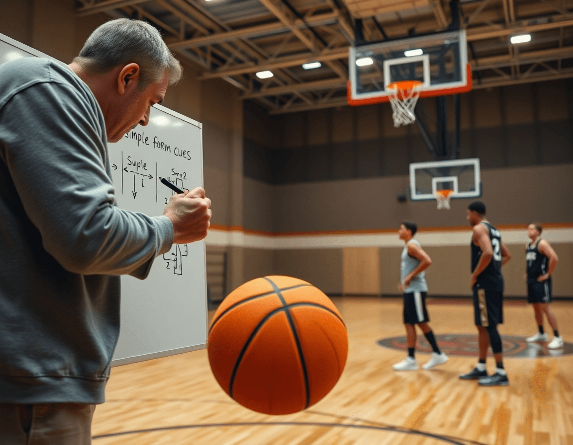 Close-up of coach guiding shooting fundamentals basketball with a whiteboard and focused players.