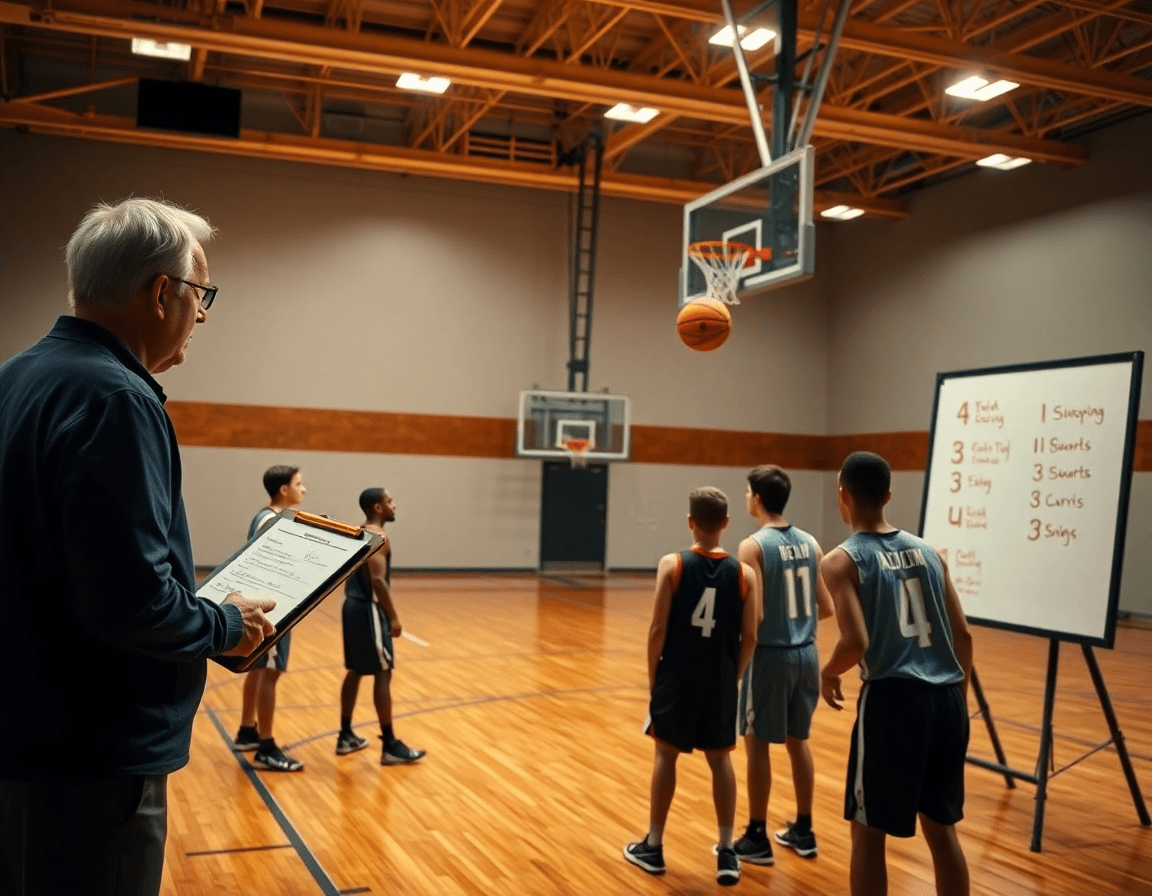 Coach with clipboard reviews shooting fundamentals basketball checklist on a whiteboard today.