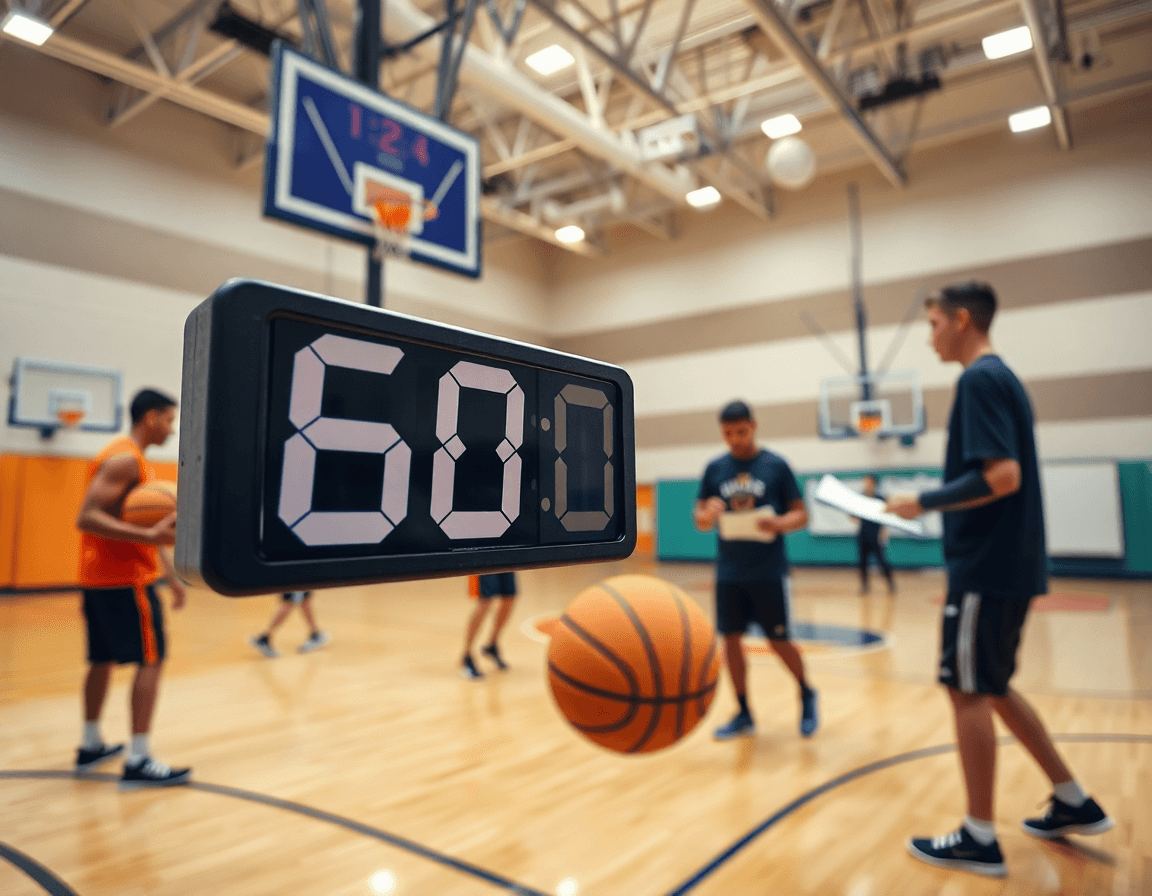 60-minute shooting session in a basketball gym, with coach guiding shooting fundamentals basketball through stations.
