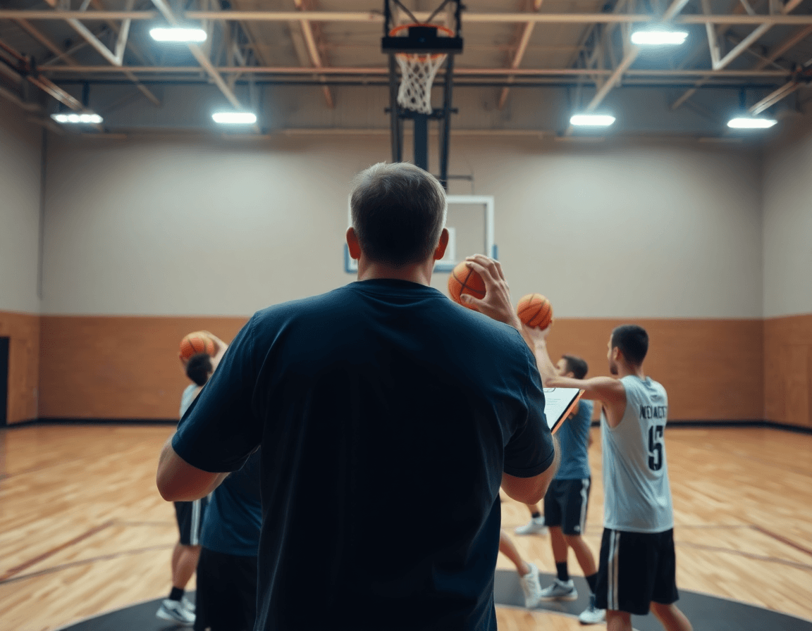 Wide shot of basketball gym showing shooting fundamentals basketball with coach guiding players.