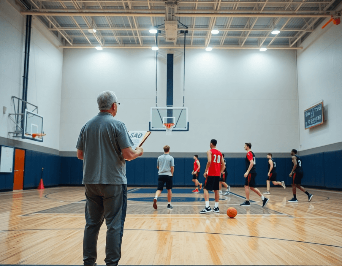 Shot tracker basketball data guides a wide gym scene during a focused weekly practice.