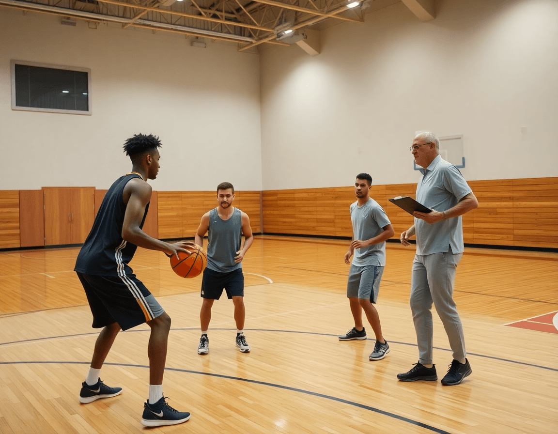 Two players set a screen while another moves into a passing lane in shuffle screen basketball.