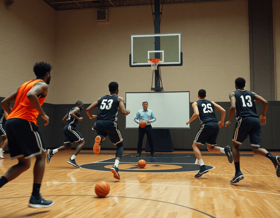 Players sprint and pivot around a screen in shuffle screen basketball drill near the top of the key.