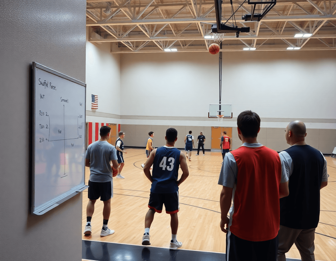 Coach explains spacing on a whiteboard during shuffle screen basketball actions in a gym.