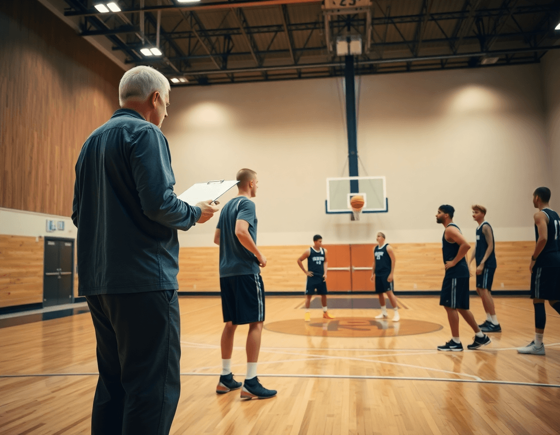 Wide-angle view of shuffle screen basketball drill in a bright gym, coach directing players on hardwood.