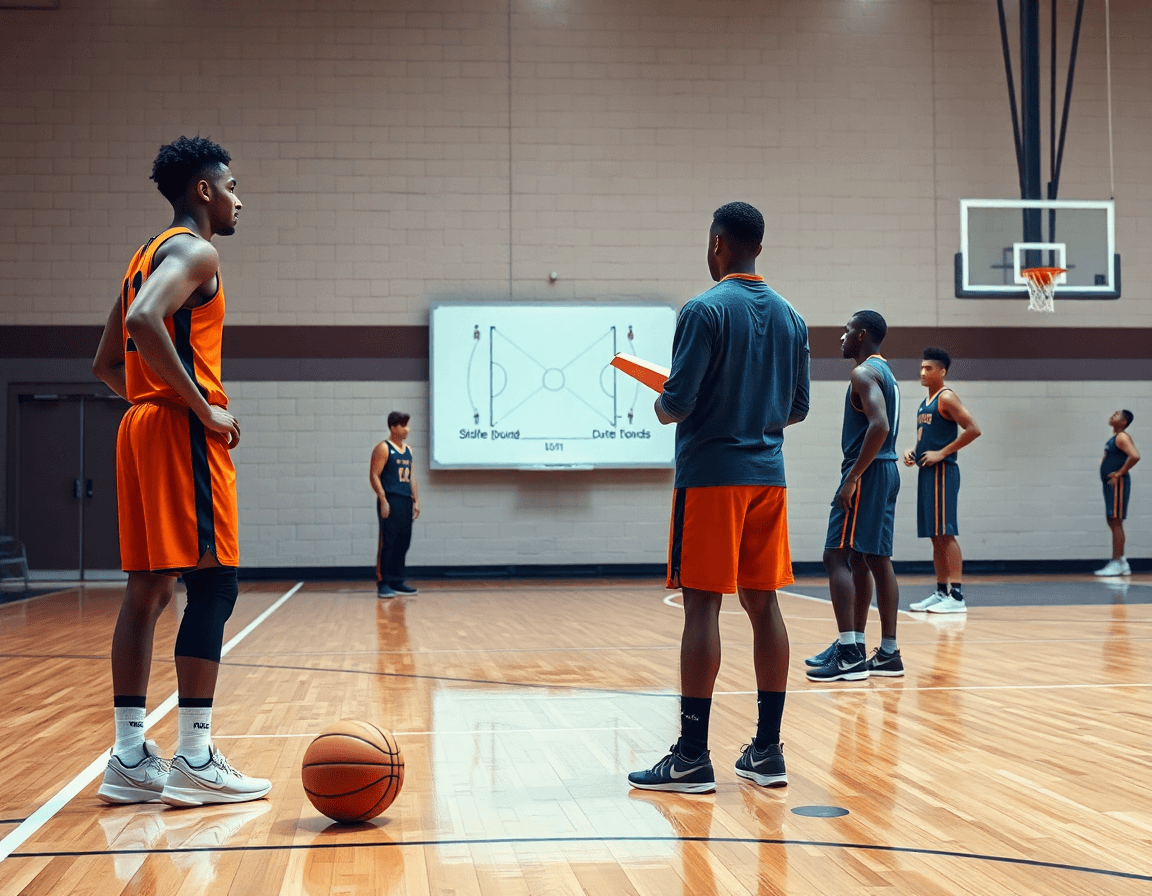 Coach sketches sideline out of bounds plays on a whiteboard as basketball players execute basketball passes.