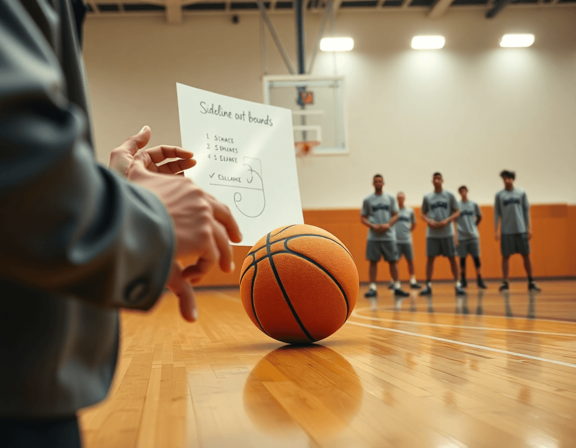 Close-up of hands guiding sideline out of bounds plays on a whiteboard as basketball players watch basketball.