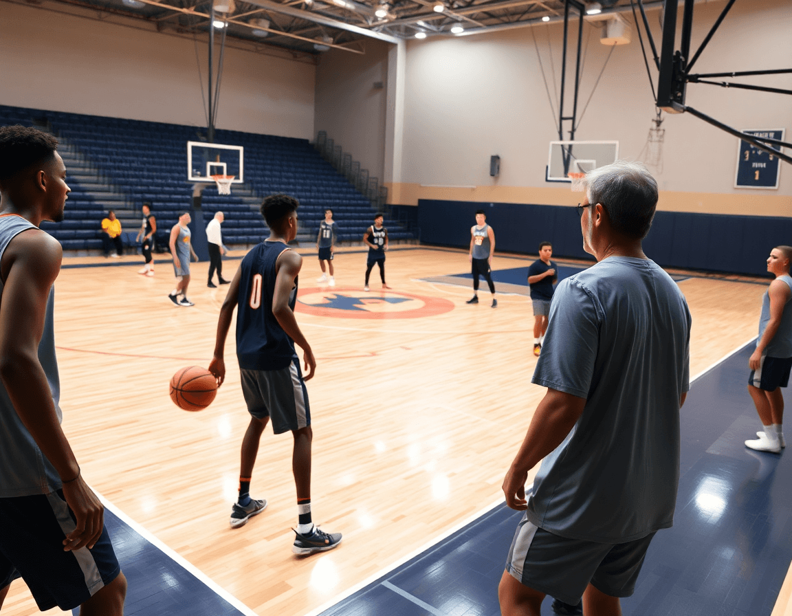 Wide shot shows sideline out of bounds plays being rehearsed by basketball players during a basketball practice.