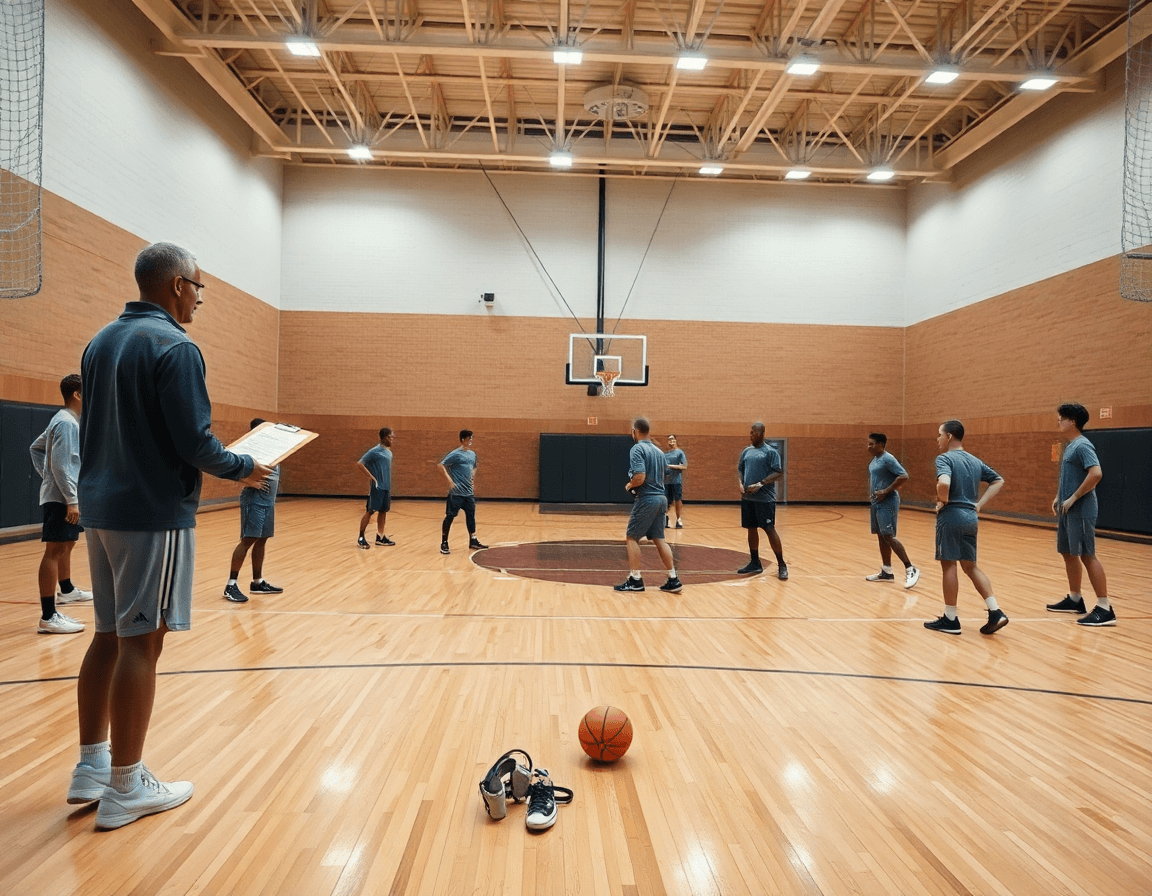 Coach guides sideline out of bounds plays during a full-court basketball drill in a bright basketball gym.