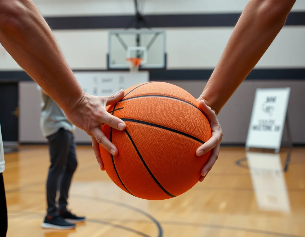 Close-up of hands gripping an orange basketball during spacing work in a simple basketball offense.