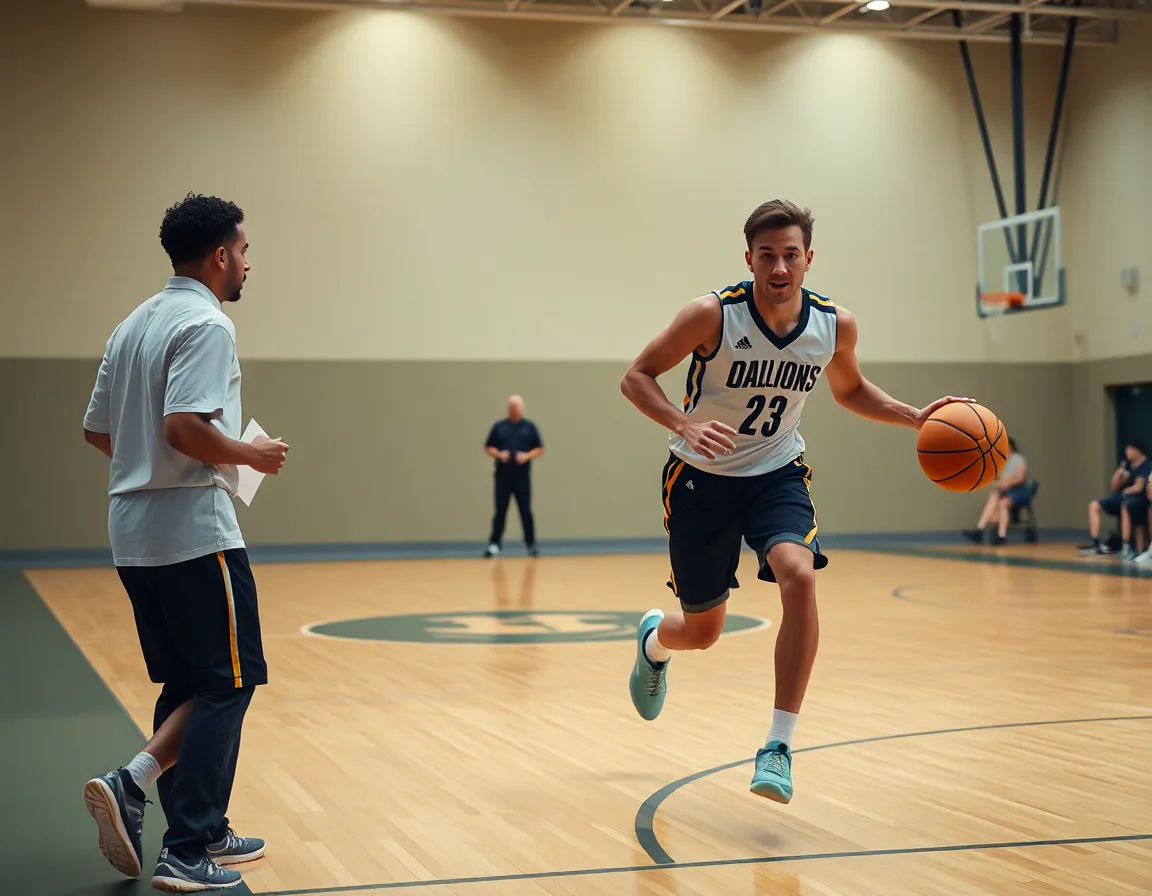 Medium shot of two players executing a quick cut in a motion drill for the simple basketball offense.