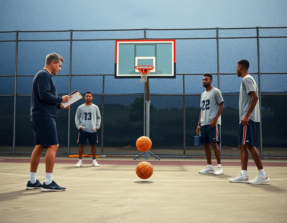 Outdoor concrete basketball court scene showing a coach guiding spacing in a simple basketball offense rhythm.