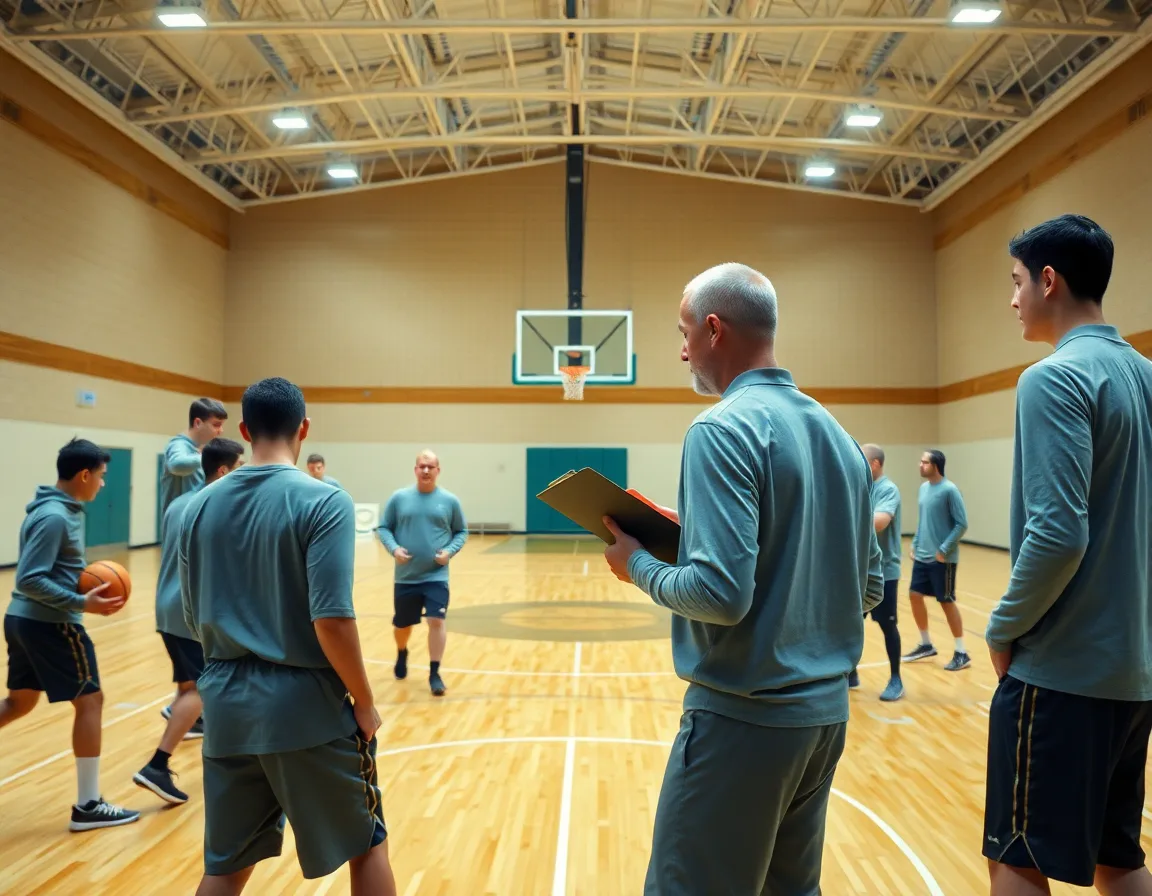 Wide gym scene showing a coach guiding a simple basketball offense during team practice.