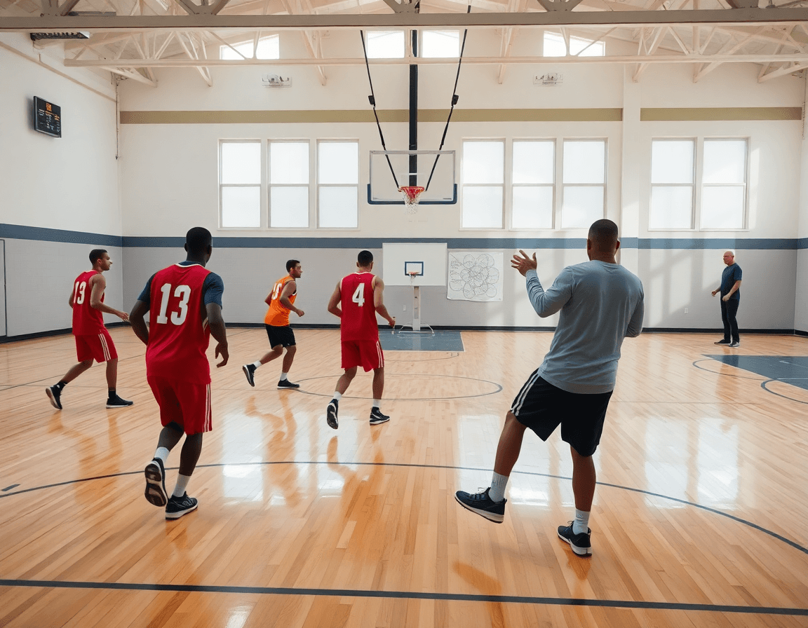 Players practice a box formation drill on the hardwood basketball court while the coach directs simple basketball plays.