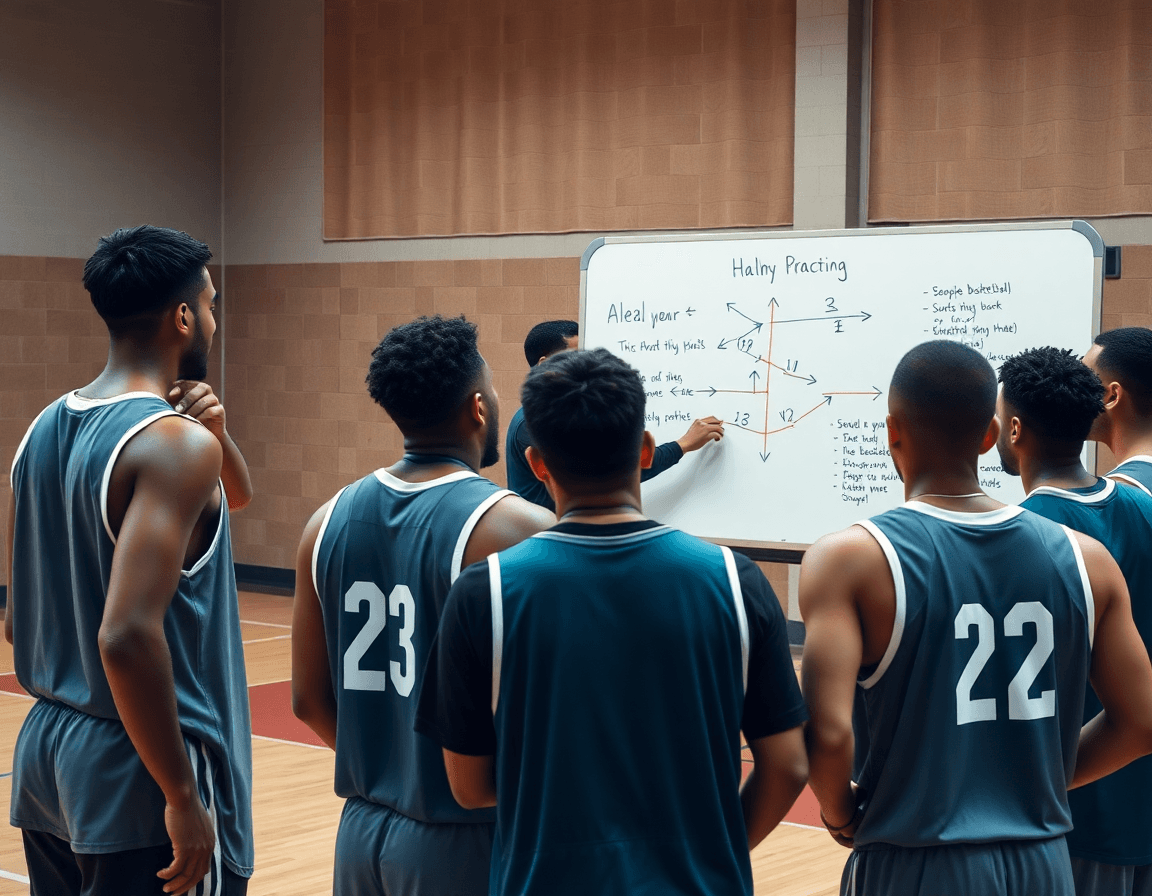 Close-up of a whiteboard with arrows as players learn simple basketball plays.