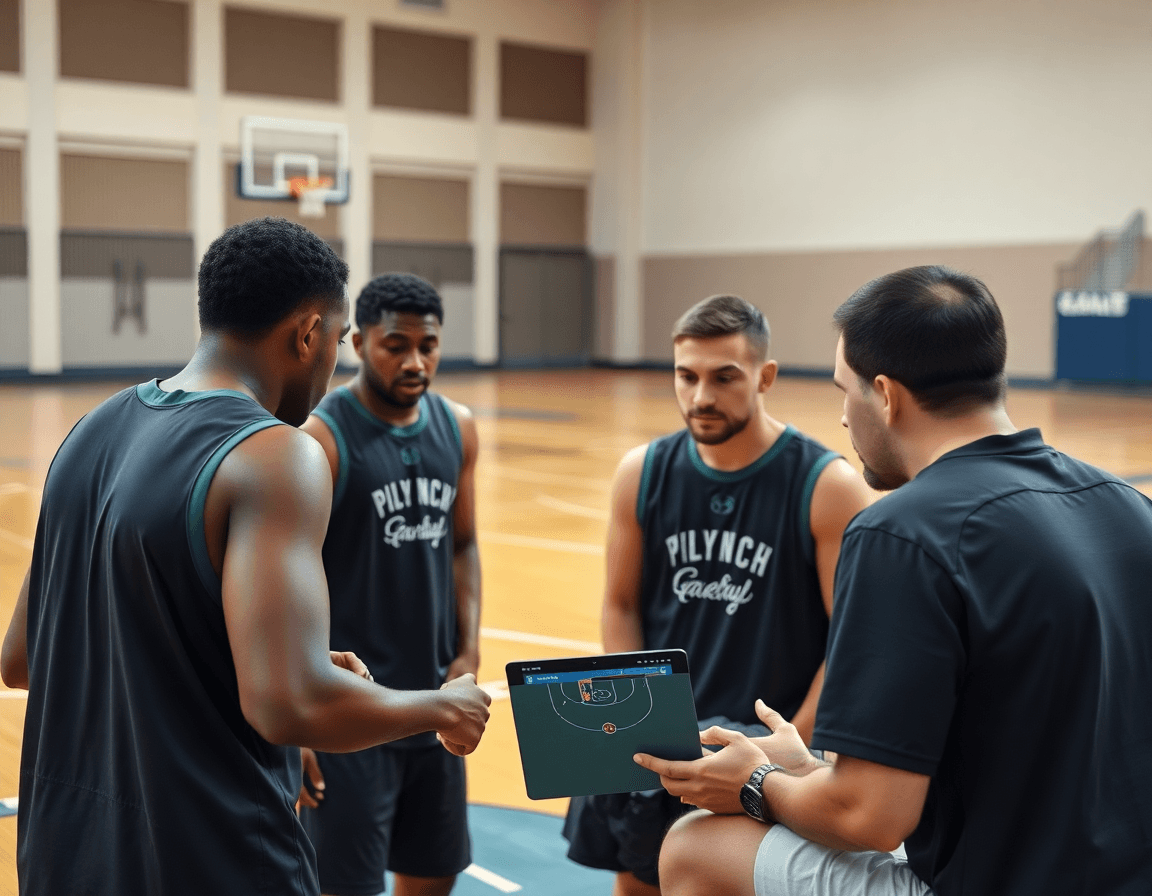 Players study basketball clips after practice as the coach highlights simple basketball plays and three-on-three options.