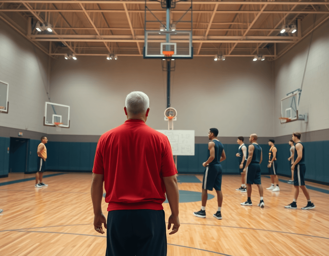 Wide cinematic basketball gym scene with coach and team mid-practice and simple basketball plays.