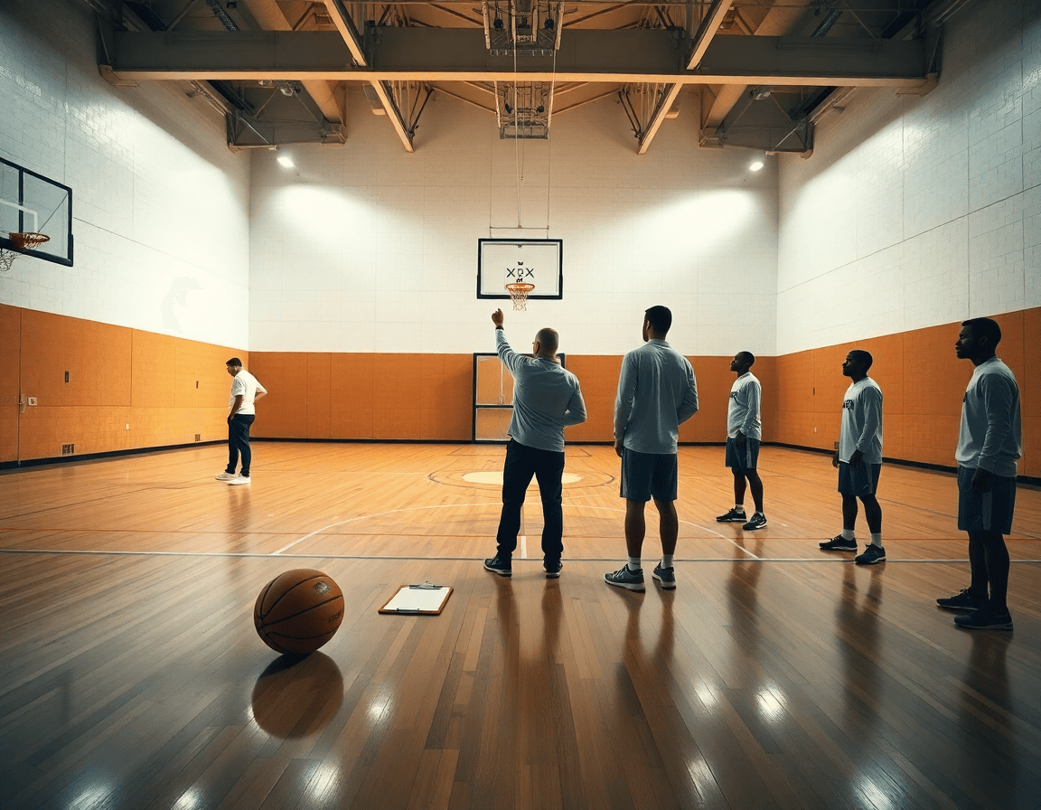 A wide basketball gym scene showing stack offense in basketball during a focused practice.