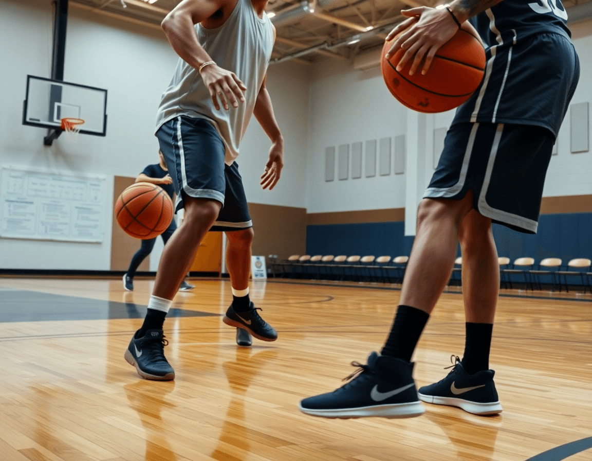 Close-up of two players executing a tight basketball drill on hardwood with a coach and tactics whiteboard.