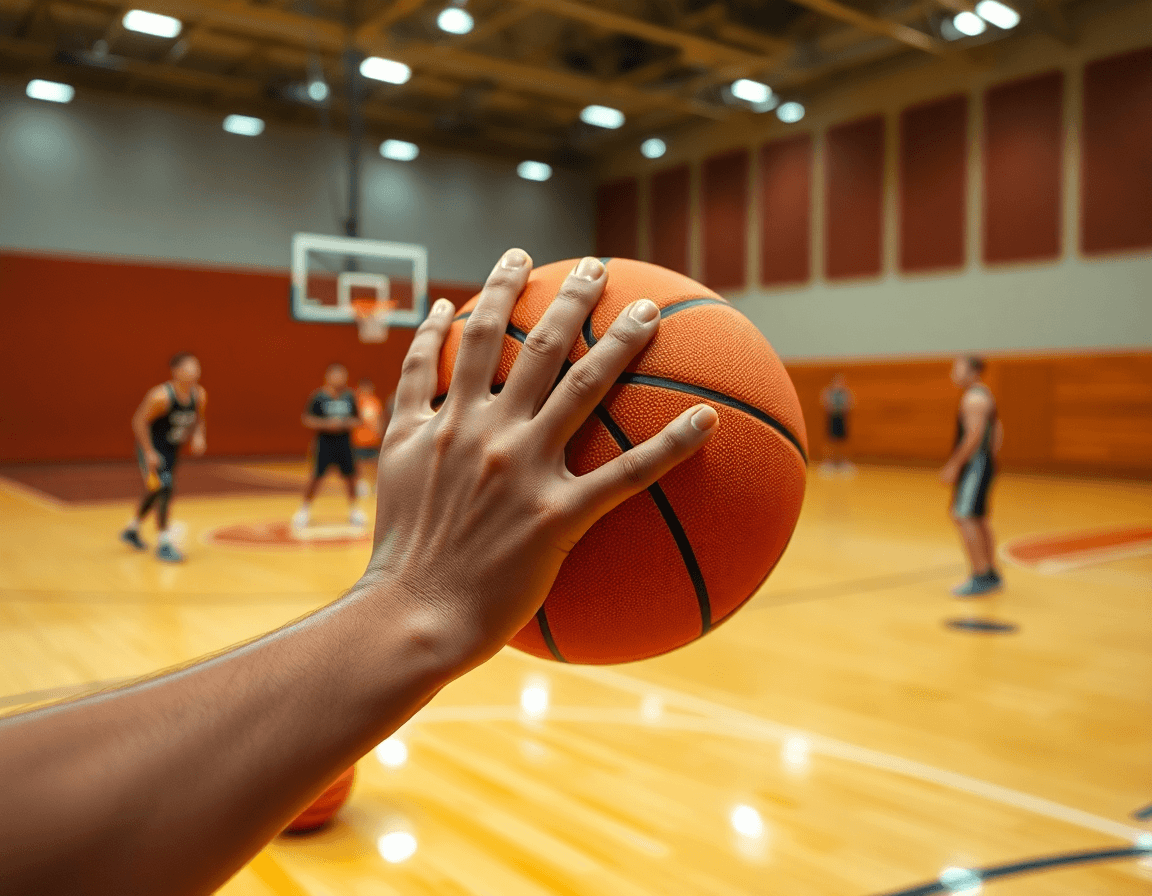 Close-up on basketball hands preparing a shot on a hardwood court during practice.