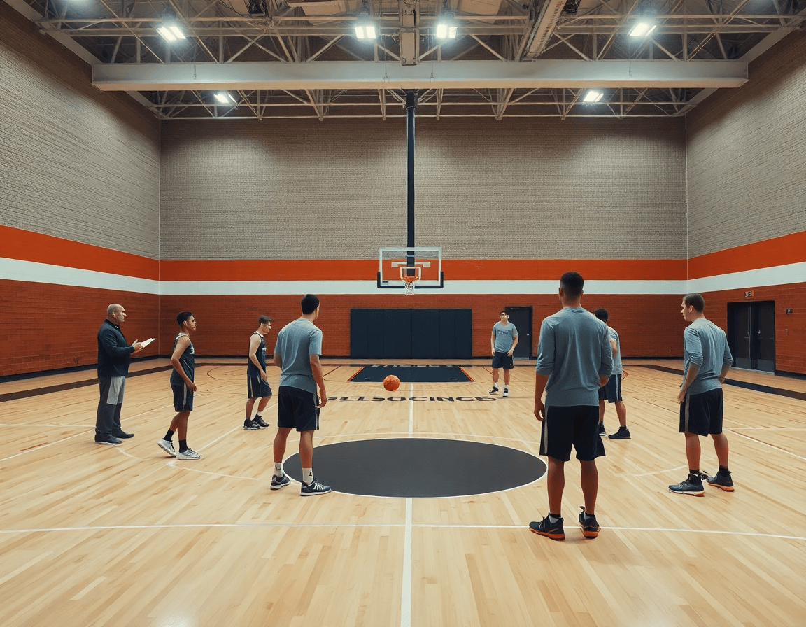 Wide gym scene showing syracuse zone defense drill with coach and players in action.