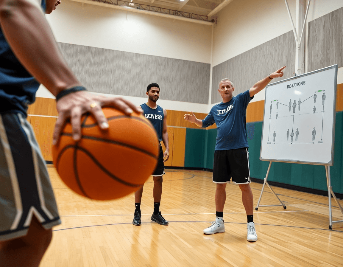 Close-up of Syracuse 2-3 zone rotation drill on a basketball court during practice.