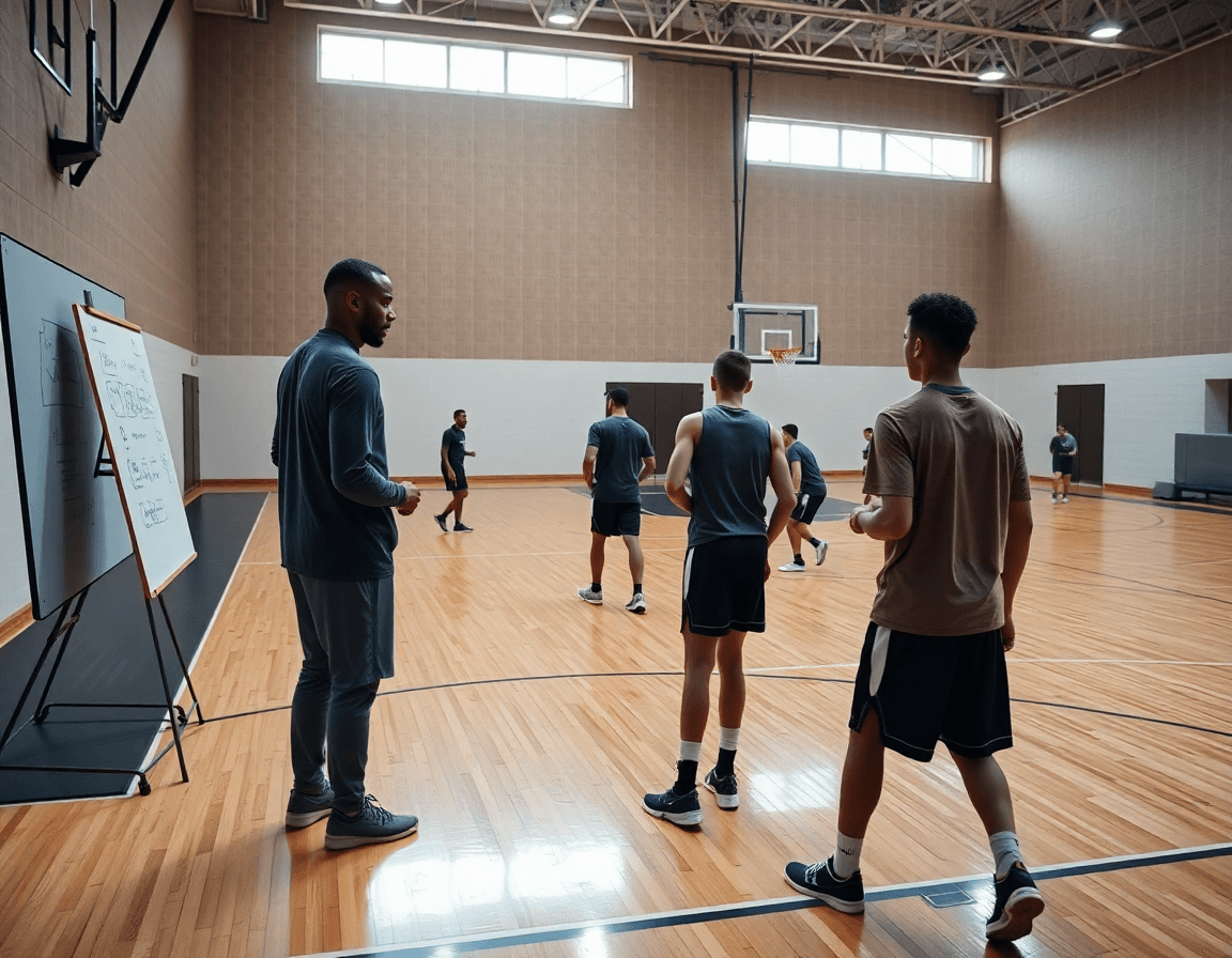 Coach sketches rotations on a whiteboard as players practice Syracuse 2-3 zone principles on a basketball court.