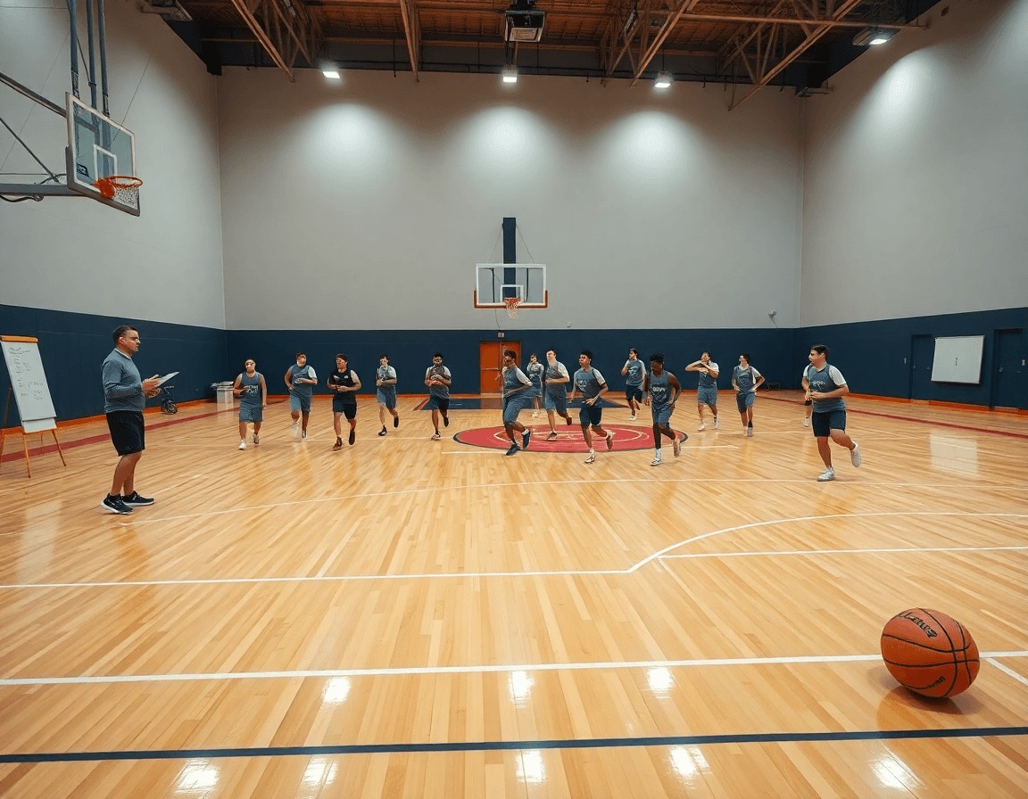 Wide gym shot showing Syracuse 2-3 zone defense drill on a basketball court during practice.