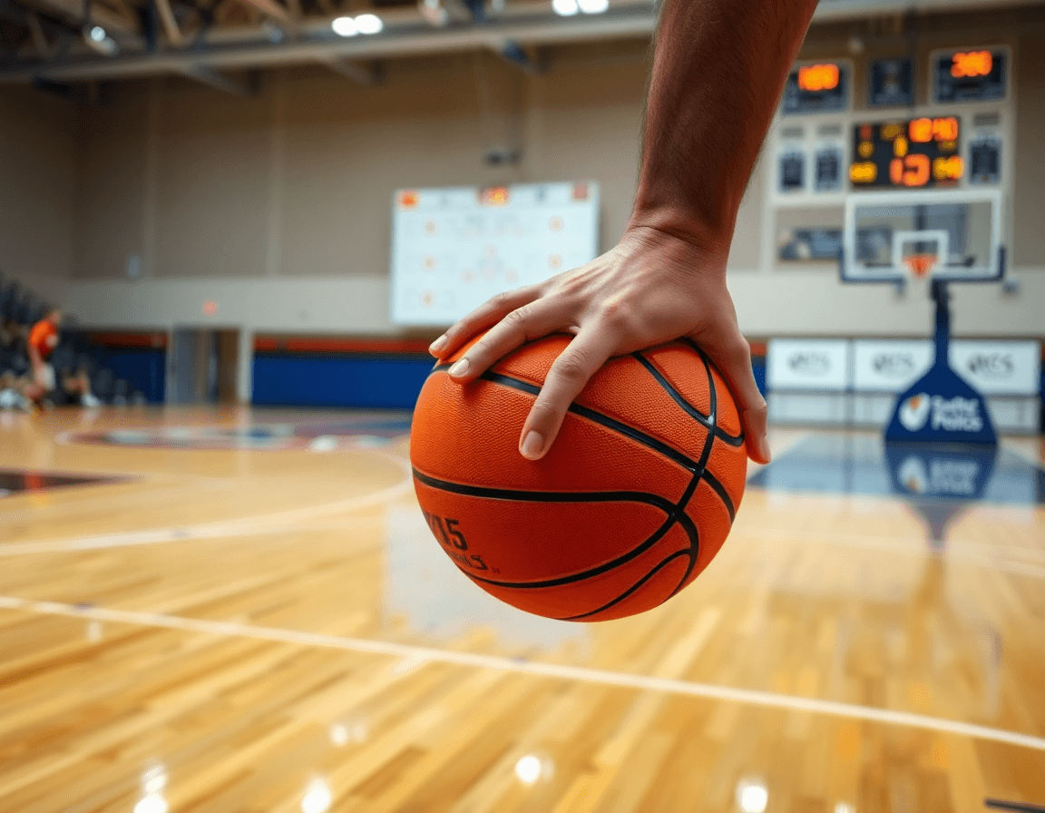Close-up on hands gripping an orange basketball during top basketball drills.