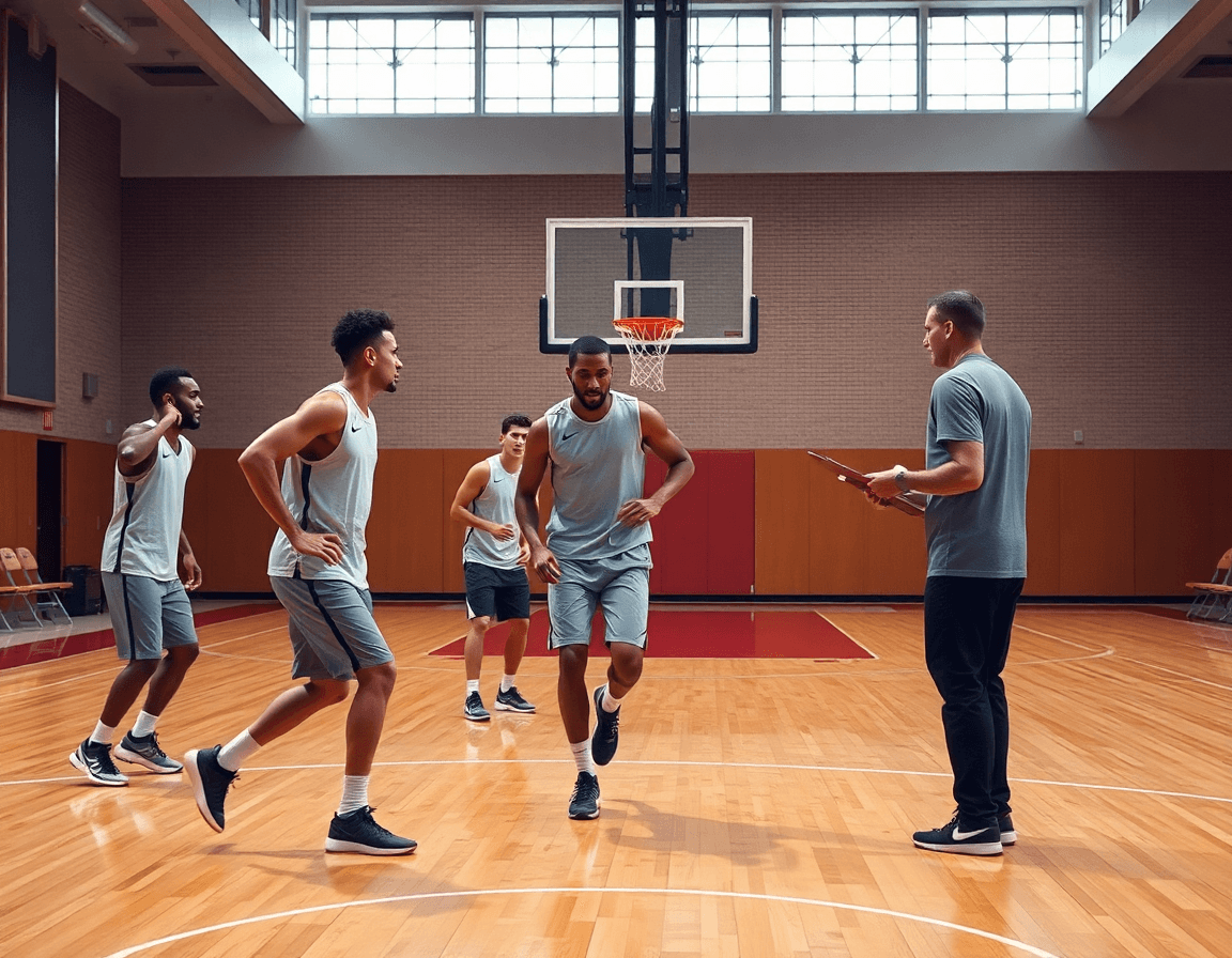 Players run a game-like basketball drill near the three-point line during top basketball drills.