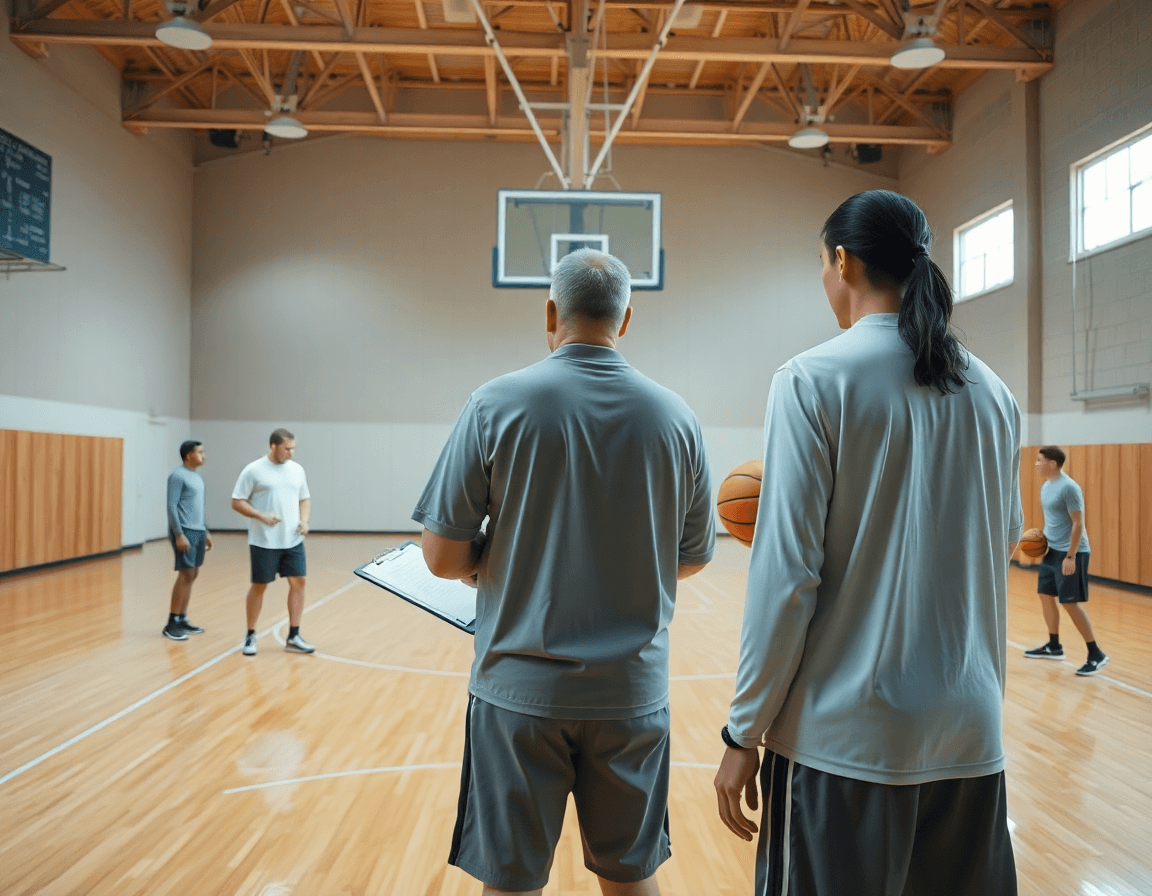 Wide basketball gym scene with coach and players practicing top basketball drills under bright lights.