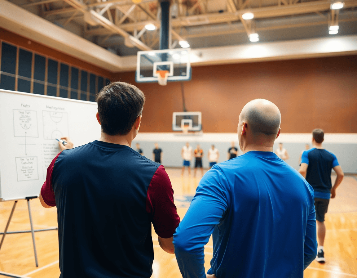 Close-up of a coach diagramming top basketball plays on a whiteboard as players drill.