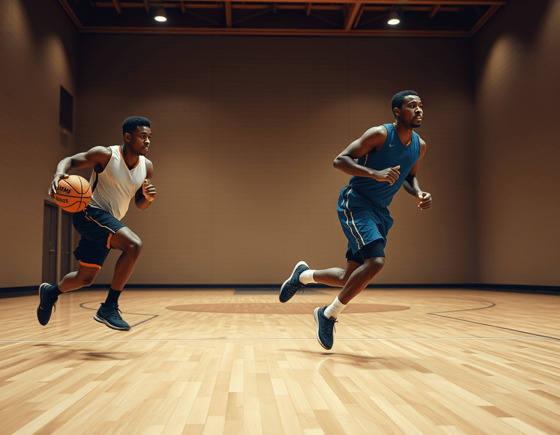 Players running a fast-break drill in practice