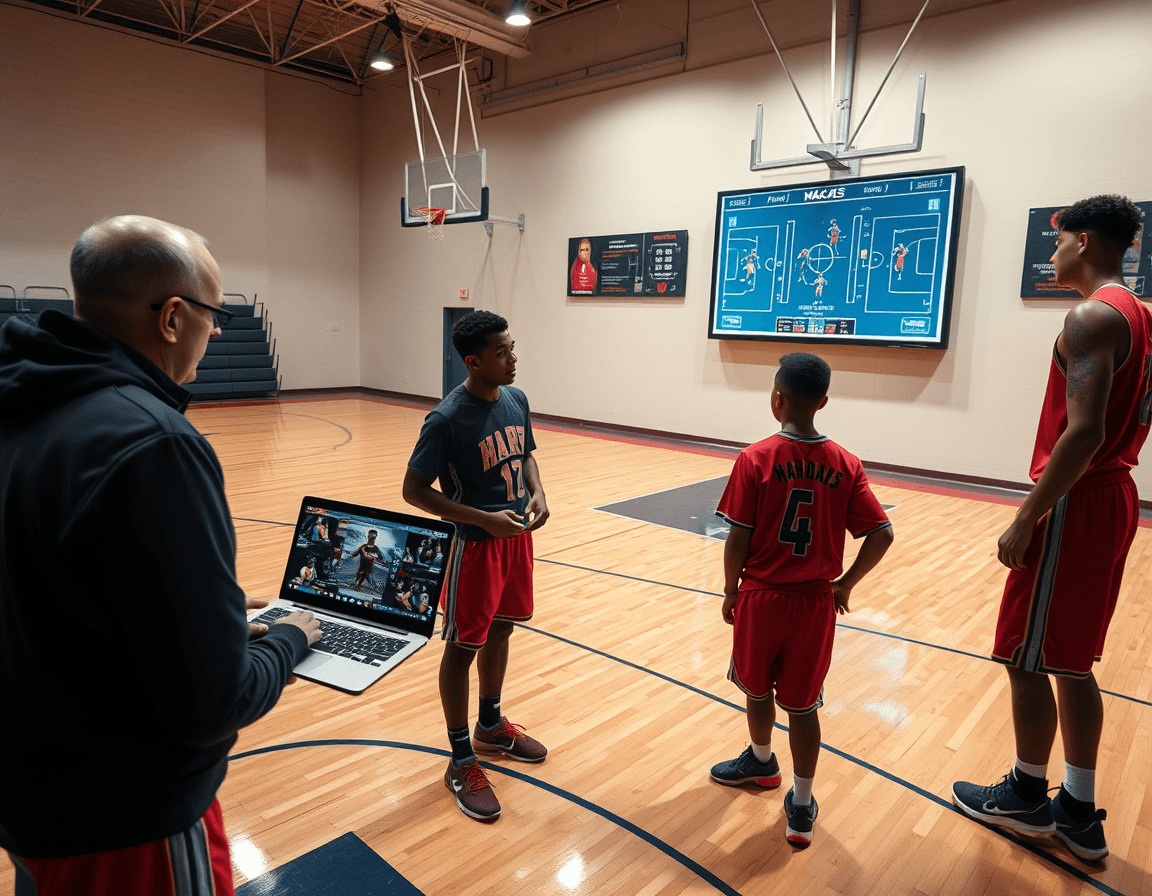 Wide view of coach and players reviewing top basketball plays from video clips.