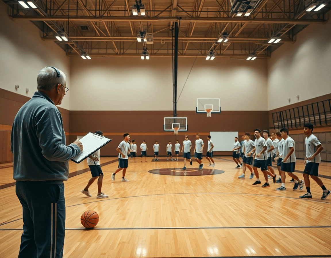 Wide shot of a coach guiding top basketball plays during warmups on a hardwood court.