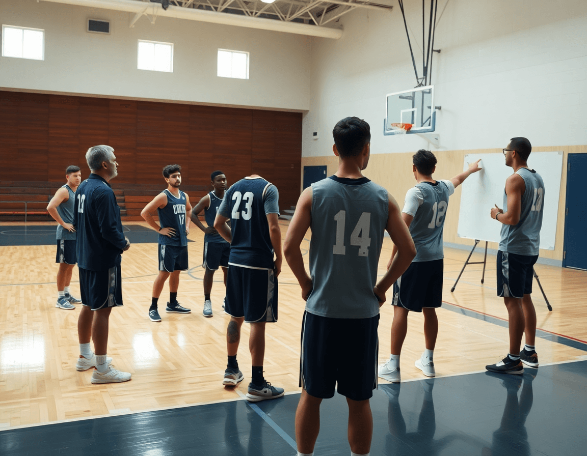 Coach demonstrates triangle and two defense basketball setup on a hardwood court during a drill.