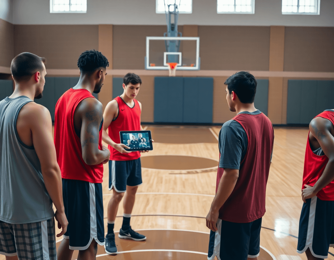 Five players gather near the key as the coach explains triangle and two defense basketball using a tablet.