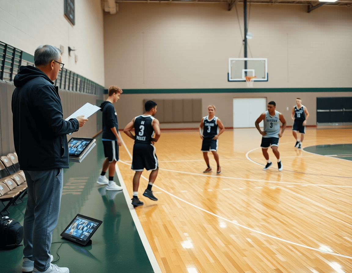 Coach with clipboard guides players running a drill resembling triangle and two defense basketball on the hardwood.