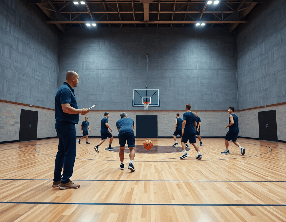 Wide shot of basketball players executing triangle and two defense basketball alignment in practice.