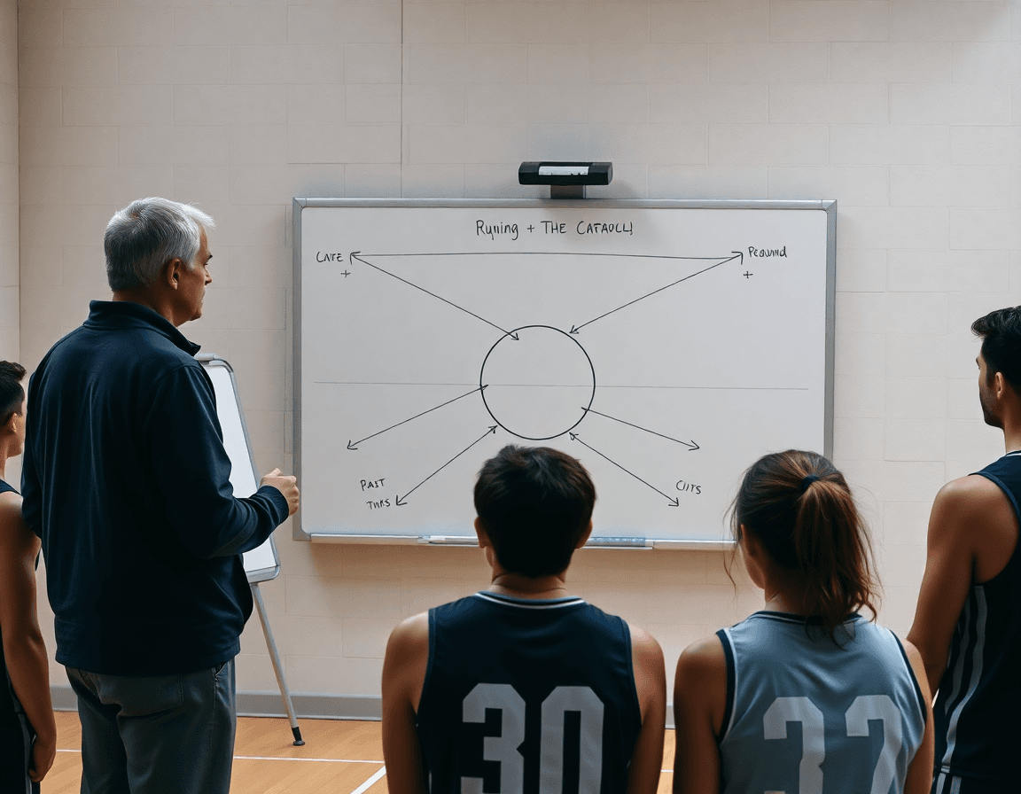 Triangle offense basketball whiteboard session showing spacing and movement for players during practice