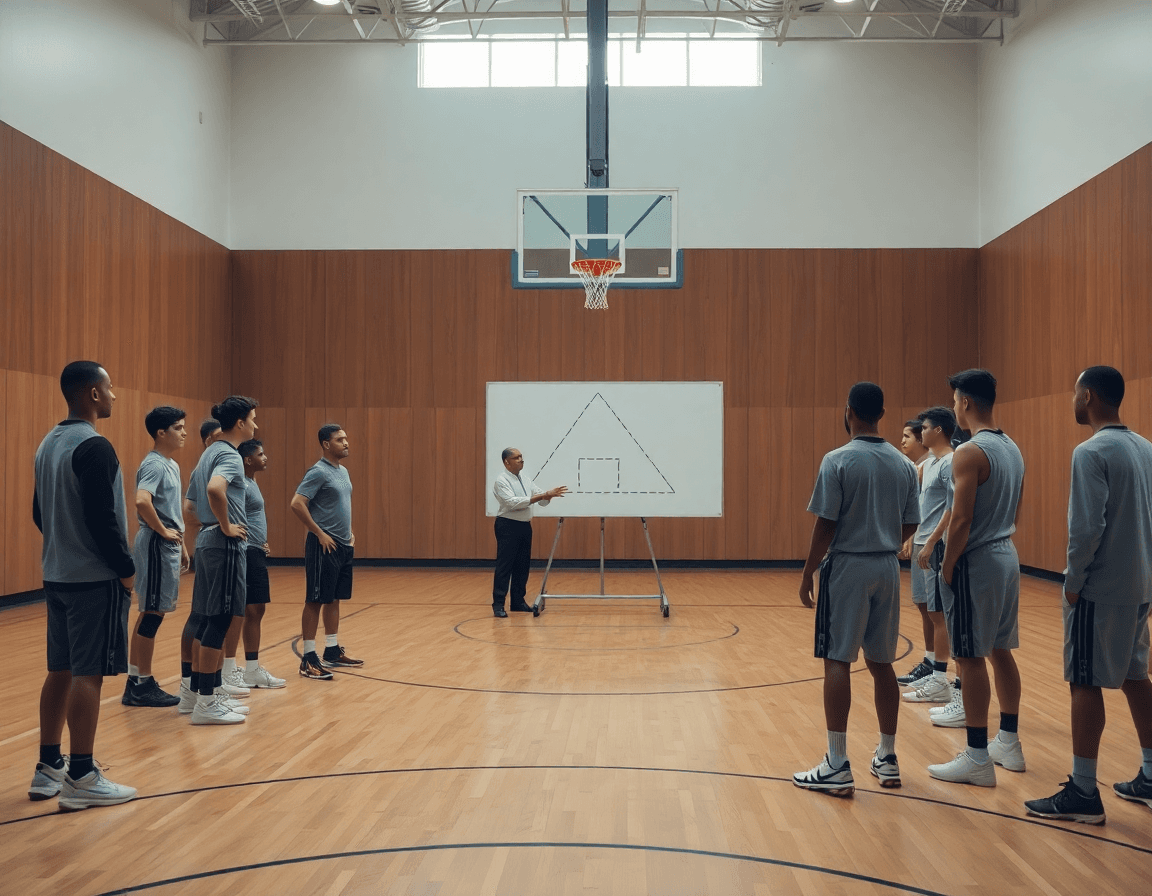 Wide gym scene of coach planning triangle offense basketball during a weekly practice.