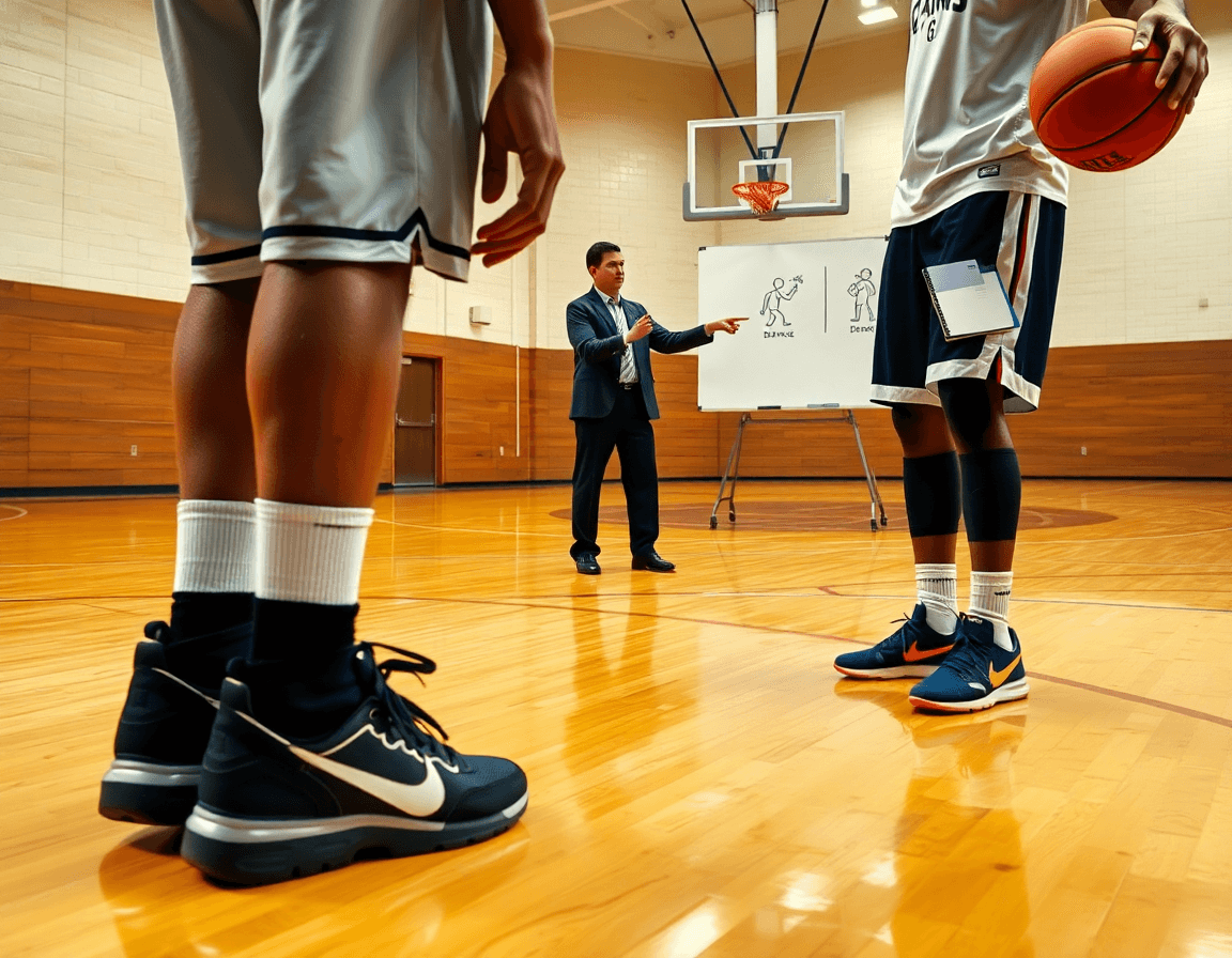 Tight shot as the coach explains two defense techniques in basketball on a whiteboard.