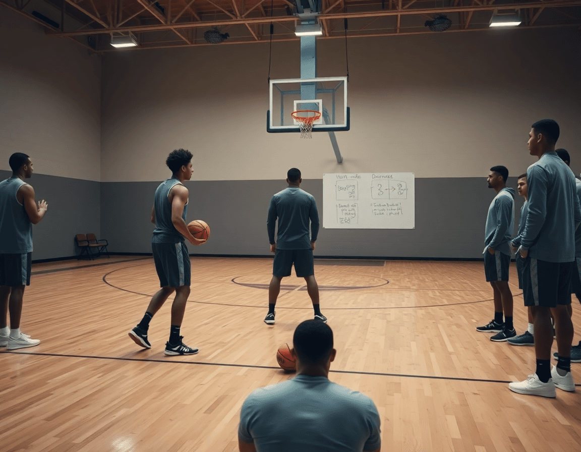 Defensive stance drill near the key during practice of two defense techniques in basketball.