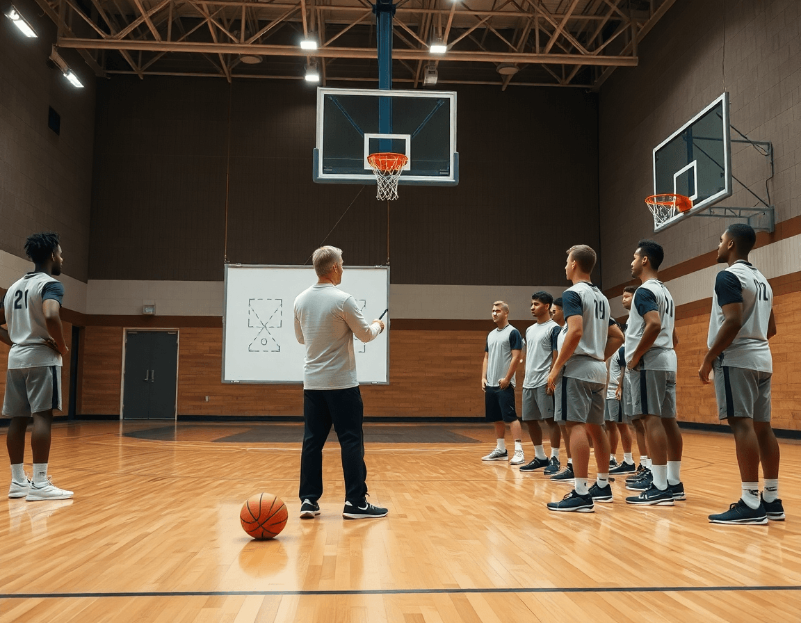 Wide view of a basketball gym as the coach teaches two defense techniques in basketball to players.
